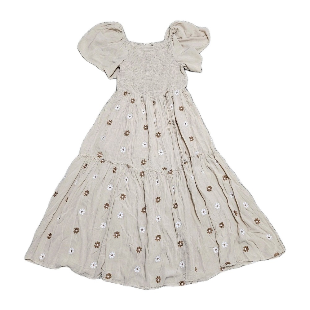 Leia n Co Midi Boho Dress Women Lg Tan Floral Smocked Tiered Prairie Cottagecore